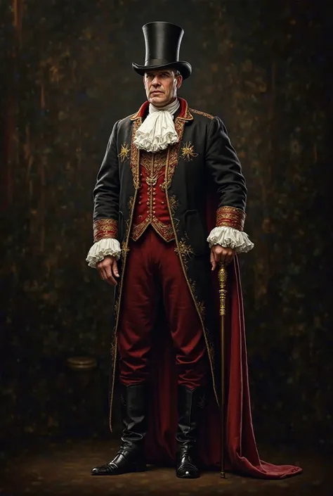  White man, high, Serious, Lord of the 18th century high society, clothing in black and red with gold and white details, elegant and top hat with a black cane with gold details