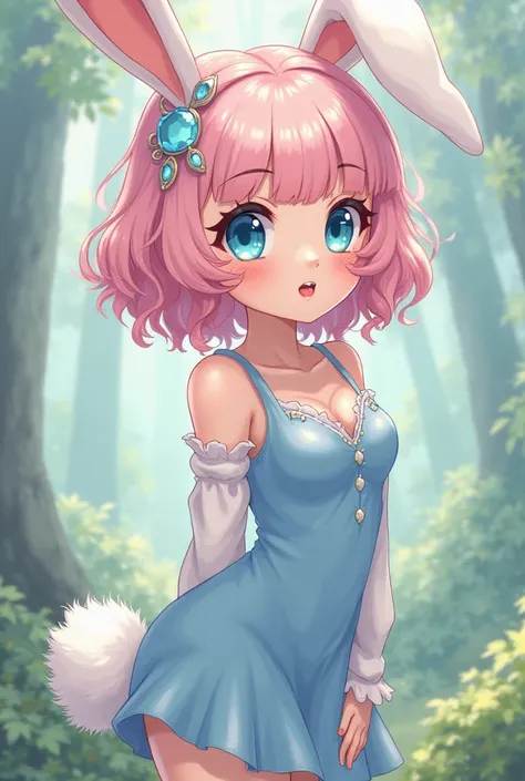 generate an image for me, anime style a cute medival bunny  human character with babypink **curly** short hair with straight bangs and round sparkly naive icy blue eyes, curvy body a bit big hips and with a blue tight short dress long, human with bunny tai...