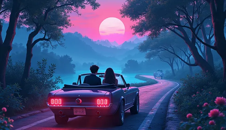  create an anime-style image using neon shades , of the silhouette of a couple traveling along a long tree-lined road, of beautiful scenery, in a convertible car. 