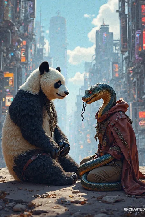 Panda having a conversation with a viper in a futuristic city wearing the robes of the video game Uncharted