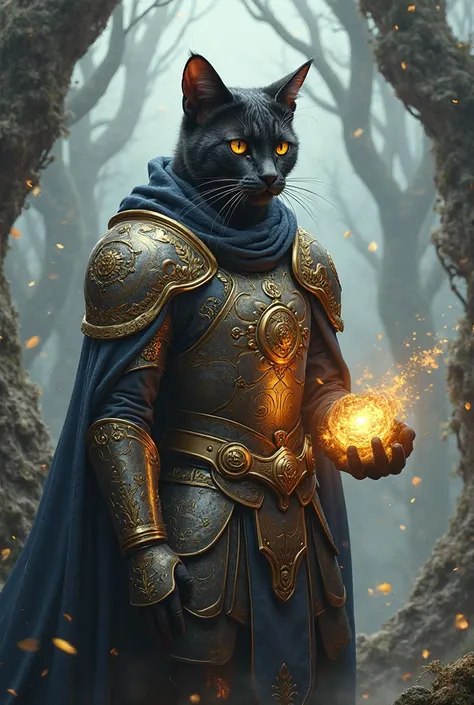 Cat-knight holds a talisman in his hand