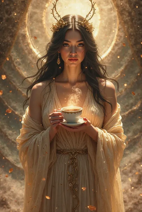 goddess of coffee, holding cup of coffee, black hair