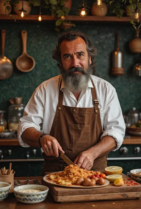 It creates the image of Juan, a Mexican cook who is in a kitchen folded, showing confidence in his work and who is backed by his ancestors, who are ghosts who were cooks and inherited all the flavor of his dishes.