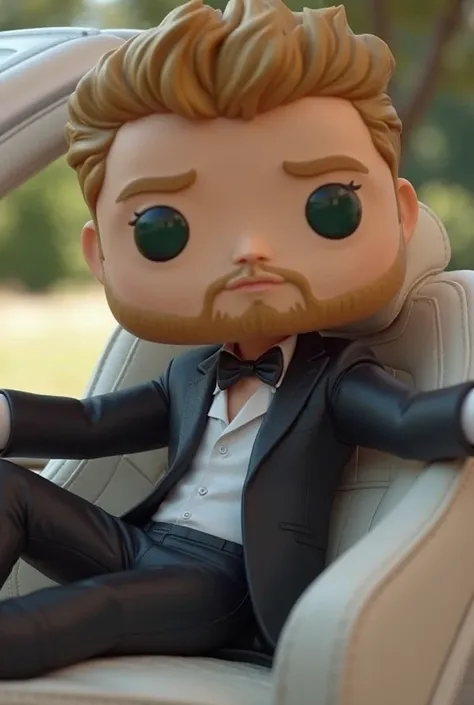 "Create a Funko Pop of an adult, mature male fiancé,  with muscles, high,  dark blond hair, green eyes. He wears a black tailoring suit and is leaning back,  with his legs crossed, in a white Cadillac ATS near the wedding venue.the rendering must be in 3D....