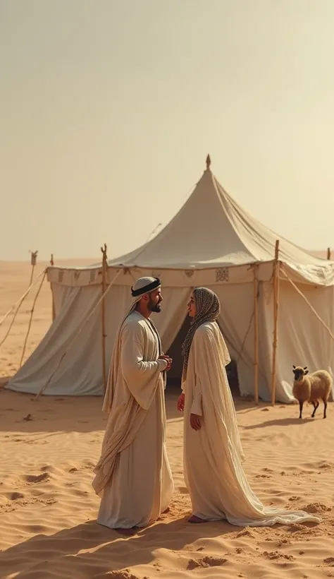 is a dramatic and moving design:**
- ** Elements :**  
  - A picture of**A simple Arabic tent** In the desert next to her is an Arab man and his wife talking and a sheep nearby is standing