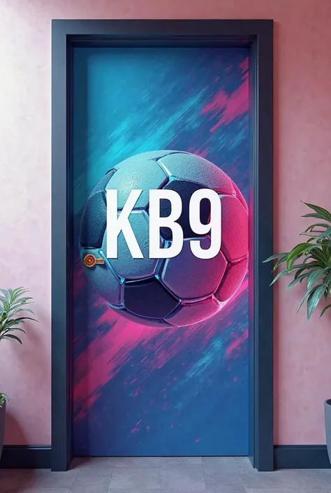 Make me a design for the cover of an office door for a marketing agency but that has soccer stuff, Use the colors blue pink and purple. They are called Kb9 