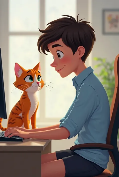 A young man wearing a light blue formal shirt and dark shorts is sitting in front of his computer at a modern desk. He has short, dark hair, calm expression focused on your screen. At your side, an orange tabby cat with white spots is sitting on the desk, ...