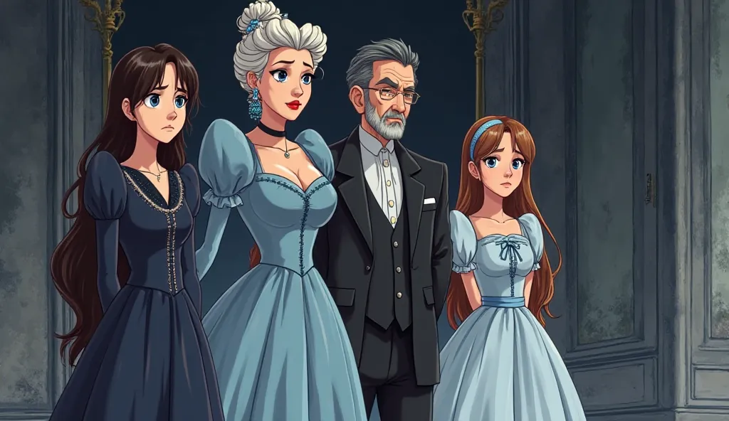 Anime-style illustration of Cinderella's father standing with his new wife and her two daughters. The stepmother, a 45-year-old clever and cruel woman with black and white hair, has a stern and unkind expression, wearing an elegant yet dark-colored dress. ...