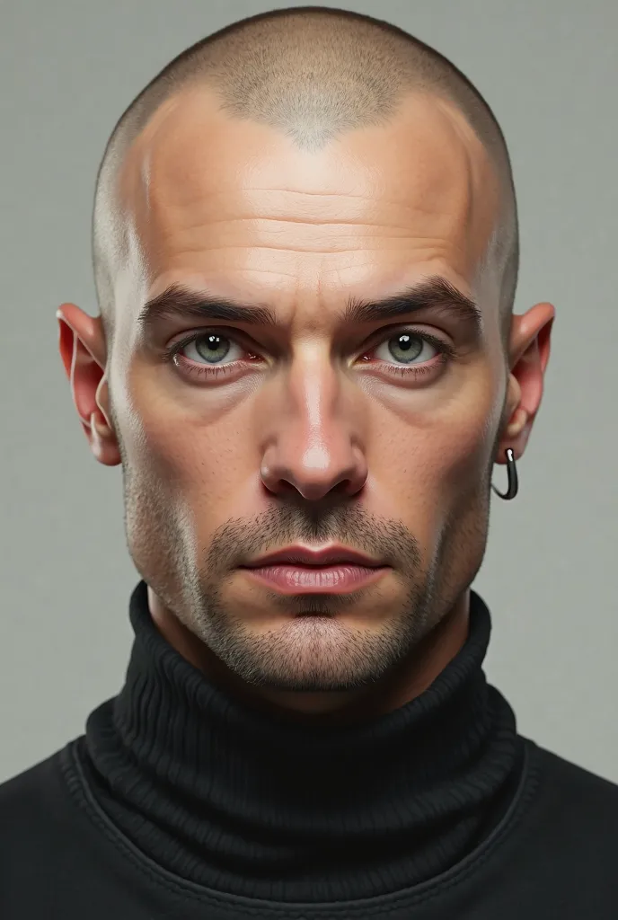 Draw a realistic picture of Ukrainian singer Andrey Kuzmenko as a bald