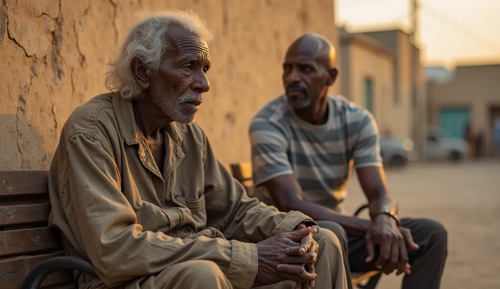 "A heartfelt moment as Sadio Mané sits on a worn-out bench next to his old school teacher in a small plaza near a homeless shelter in Dakar. The image captures only the upper half of both men. The elderly teacher wears tattered clothes, looking frail and e...