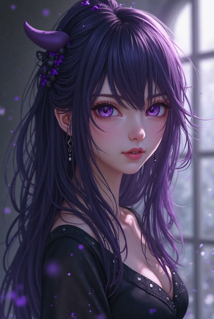 Anime young adult with long dark purple hair, purple eyes, messy hair