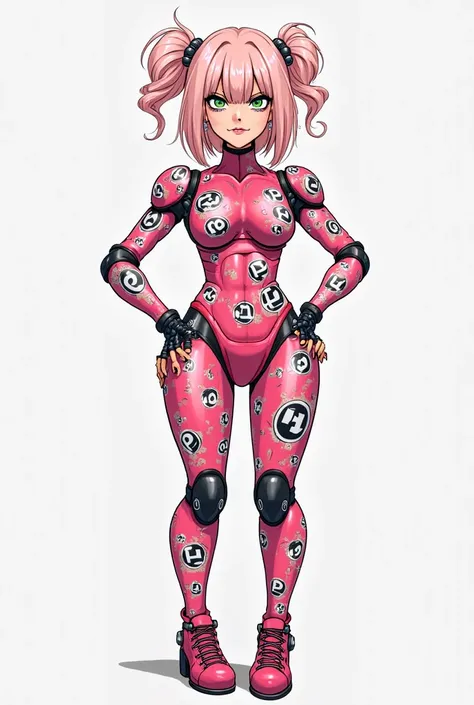 Full body concept art, in the style of the Jojo. An female humanoid Stand, somewhat tall. SHe has a large torso, a thin waist, and mechanical limbs. He has shoulder-length light pink hair tied into several ponytails with ball clips. On his face is a round ...