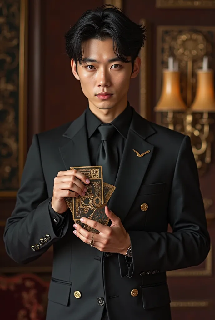 A 7ft tall man, pretty thin yet lean. Brown,close to golden eyes, with black hair styled in a Korean Perm style. Slim eyebrows. Small nose. Slight deceitful smile. Small ears. Wearing a refined black suit with golden touches. Playing with Tarot Cards. 