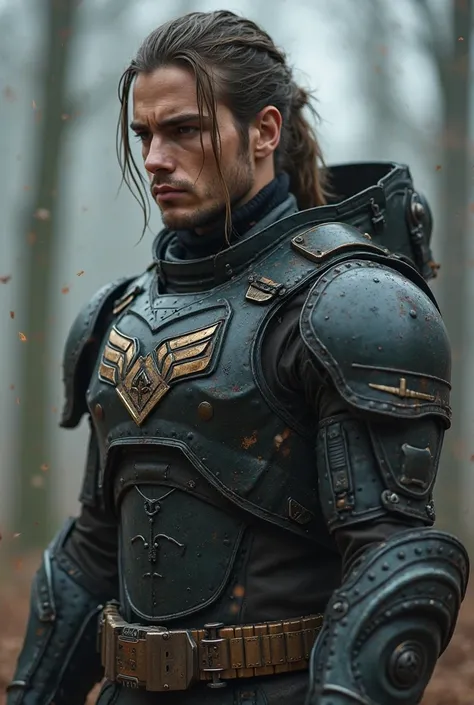 a fighter in a body armor with armor and weapons similar to the weapons from the books and games stalker, on the chest of the suit there is a chevron with the inscription bury.
He is without a mask and helmet, he has a ponytail down his shoulder, he looks ...