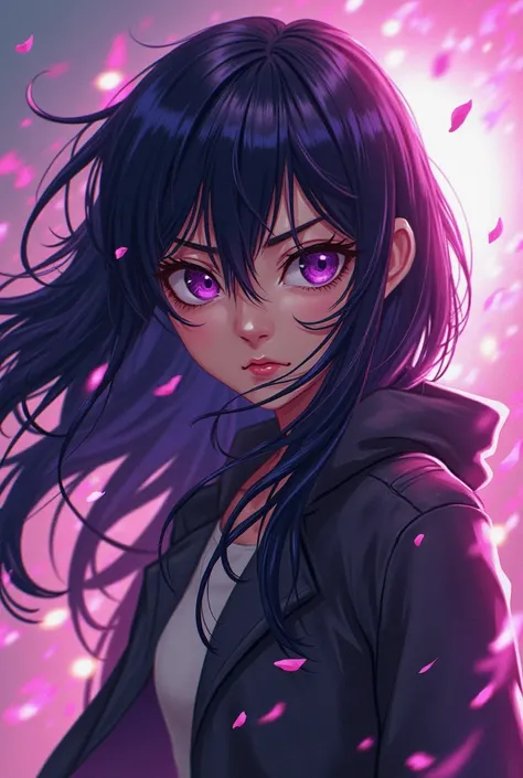 my hero academia style young adult girl with long dark purple hair, purple eyes, messy hair