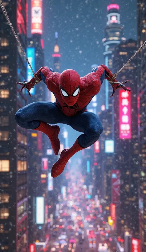 Spider-Man swinging through the night city, neon lights glowing around him, dynamic motion