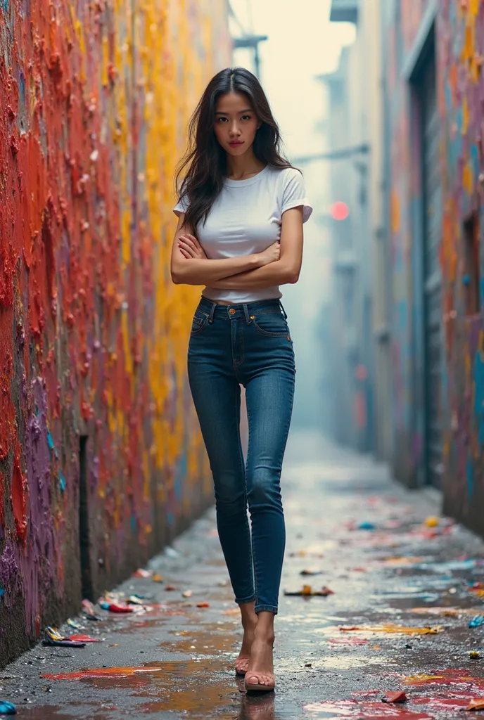 Ultra-high-resolution, hyper-realistic full-body shot, capturing a (tall, ultra-slim Japanese beauty standing with effortless confidence, her arms crossed and one leg slightly crossed over the other, set against a world of swirling oil-painted abstraction....