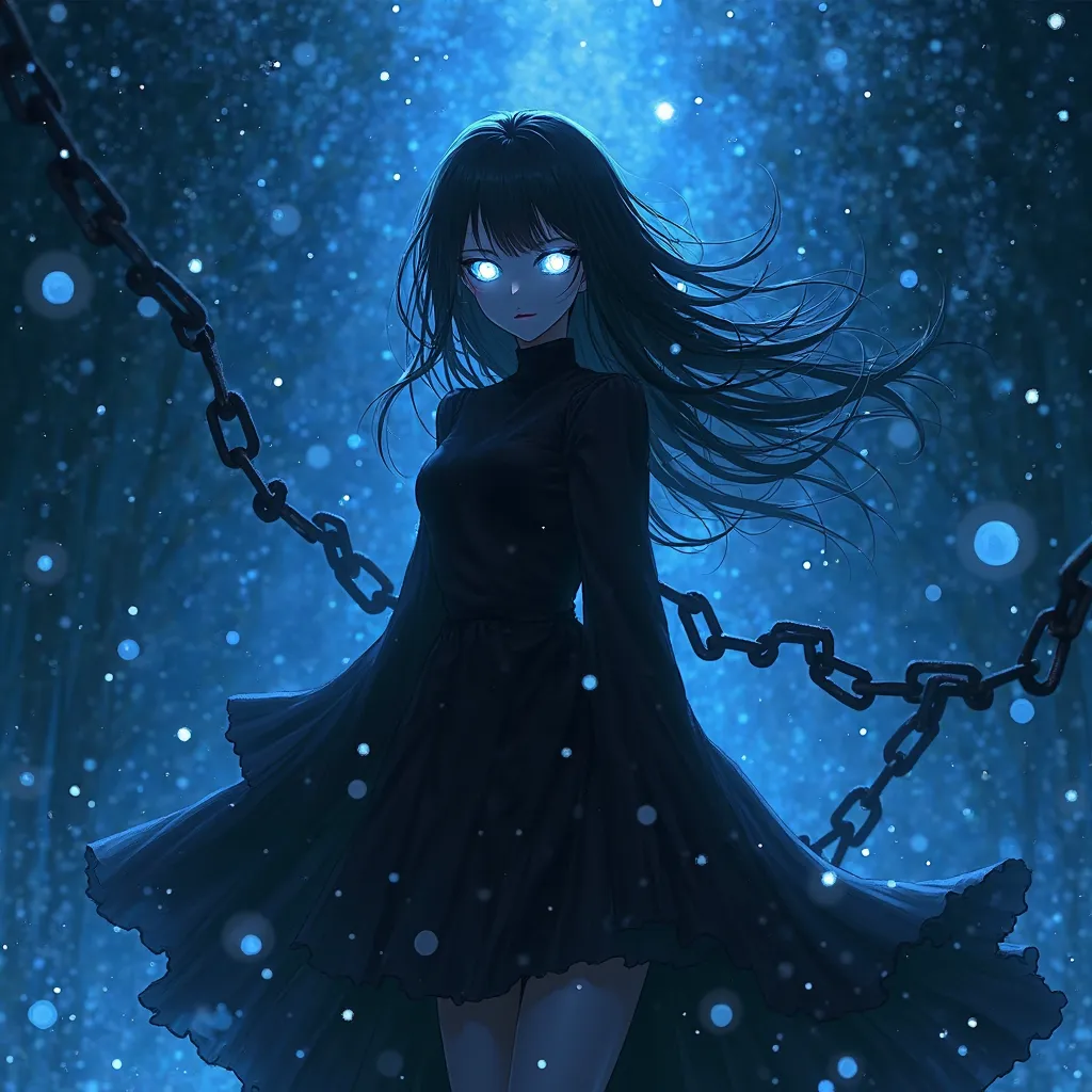 Anime girl and the body is fully black only eyes are glowing with white effects and blue background with lots of snow neon effects and black chain flying besides her far distance view And her hairs are flying night