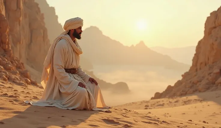 A young man in in long white robe, turban, sandals,  with a leather belt around his loin ,  in the morning in the middle of a desert filled with tall mountains,  He is on his knees 