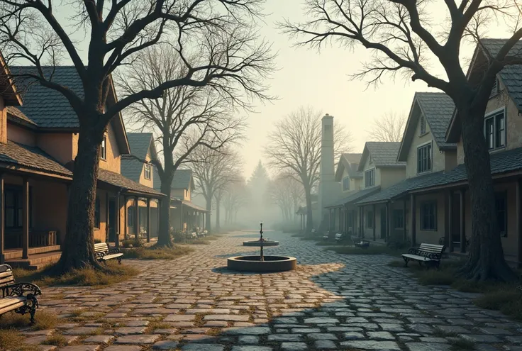 A small country town with deserted streets and old houses. In the middle of the town, there is a quiet square with wooden benches and a switched off fountain. A few scattered trees cast long shadows in the soft evening light. The atmosphere exudes solitude...