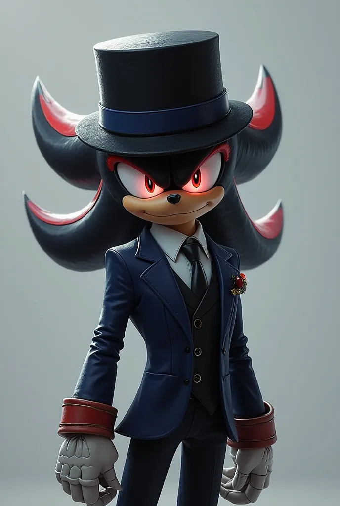 A drawing of Shadow the hedgehog wearing a hat and a formal suit,  In an elegant pose , his black and blue suit