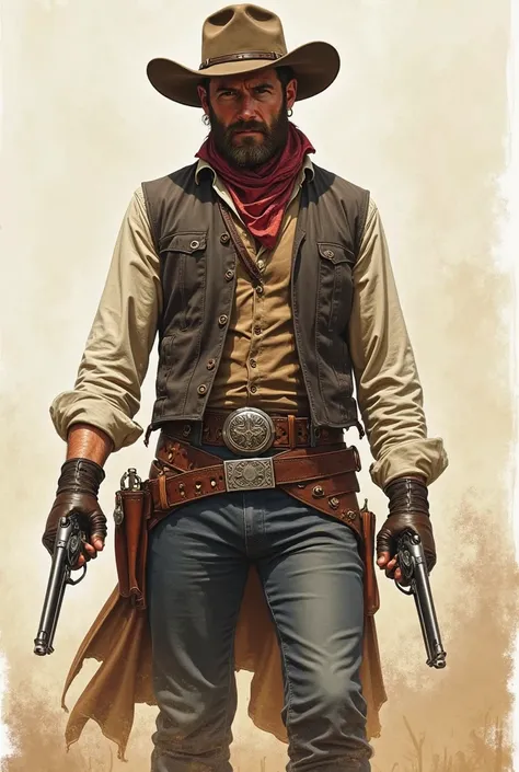 A cowboy from the Old West, leather gloves on each hand, cowboy belt next to his hat, 1 revolver in each hand one pointing to the ground and one facing forward,   pale skin , adult man with beard and brown hair in the old west

Drawing style but realistic ...