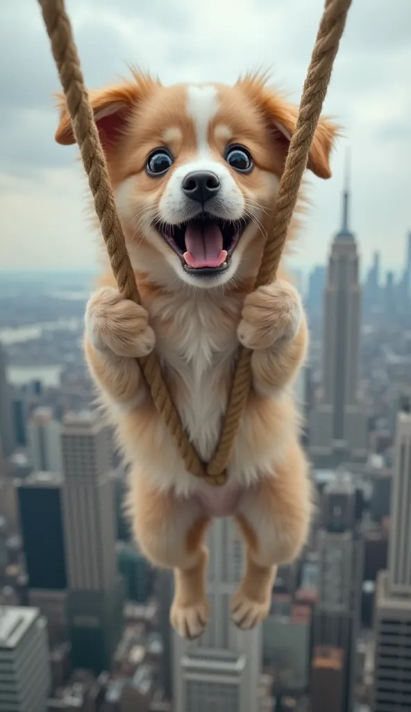 "an adorable puppy,  with large and expressive eyes , holding onto a rope while suspended in the air, with a large modern city in the background. The puppy has an expression of surprise and a bit of fear, with its mouth slightly open and its legs clung fir...