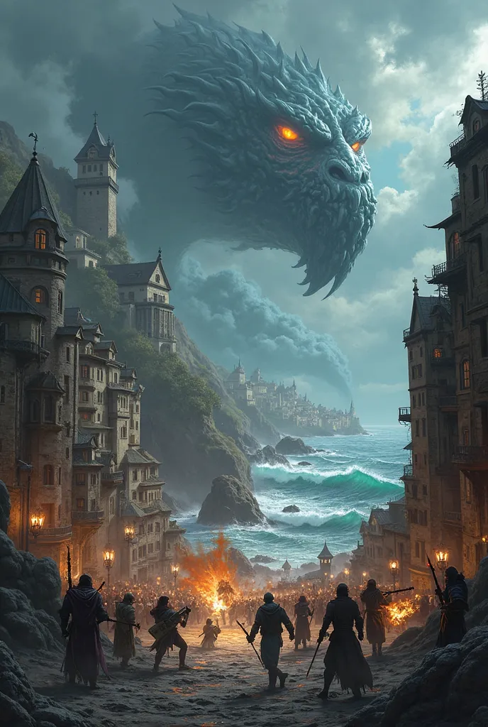 Burning dnd costal city with heroes fighting cultists sea in horizon with monster eyes beneath the water