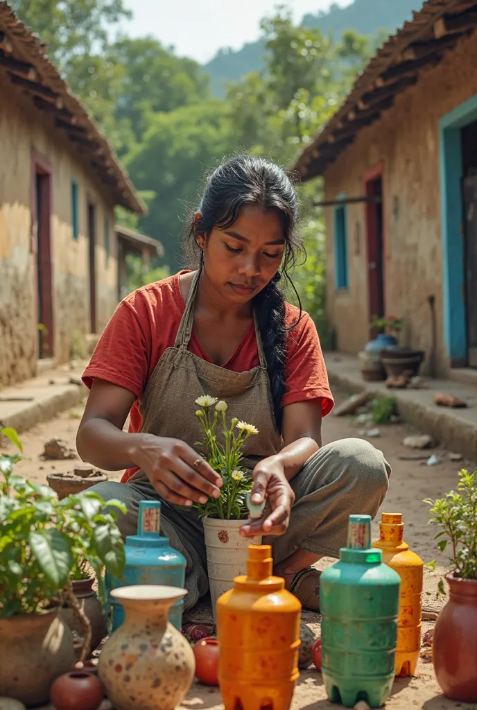 ren painting flower pots made of plastic bottles , Village ren in Guatemala real photos not drawings 