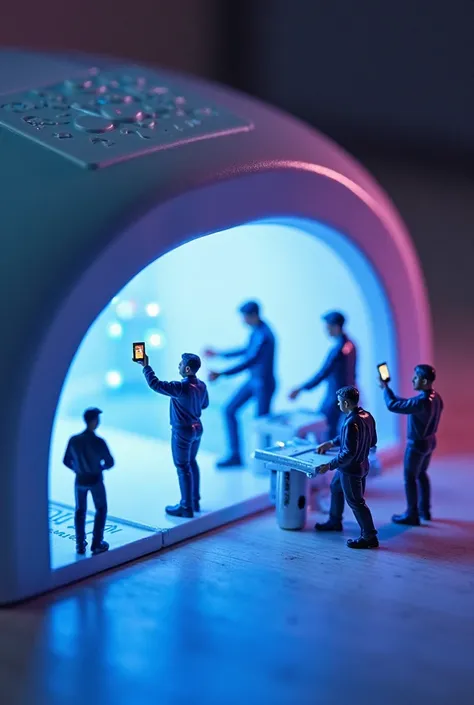 “A group of tiny people working inside a giant prosthetic nail UV lamp. They are dressed in beauty salon uniforms, emphasizing their role as beauty professionals. Some are inspecting the glowing UV lights, while others appear to be maintaining or adjusting...