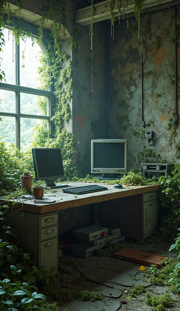 A flat screen monitor, keyboard and mouse, futurist, broken, on a table,  side perspective, em um laboratório futurist destruído, Comfortable room without window, moss