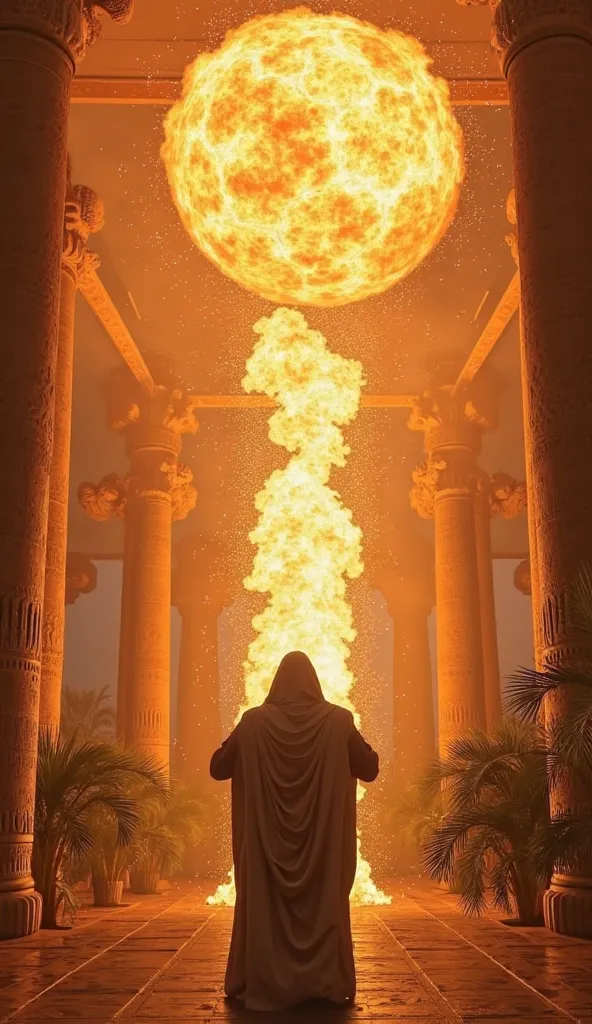 "Ramses II's POV in the palace gardens, with his hands protecting his head as gigantic balls of fire destroy statues and plants around him. Fireballs fall violently, breaking everything in their path. The sound of impact and destruction is deafening, creat...