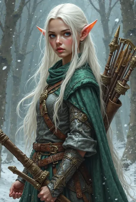 Creates an image of a female elf about 18 years tall 180 cm. She has long white hair and blue eyes. The character is inspired by D&D v1. Less sexy more warrior. He holds a one-handed sword and a bow. The armor must be made of leather and the sword must be ...