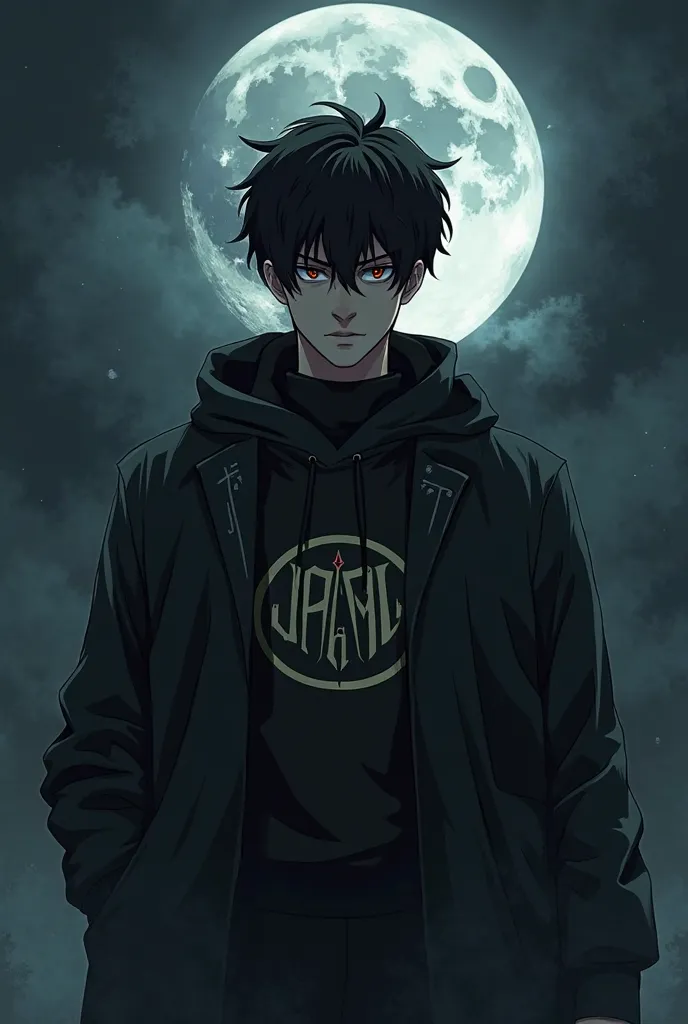 Make a male Shonen anime character with a logo written JAUM, May there be a moon in the image, a dark character with a black background