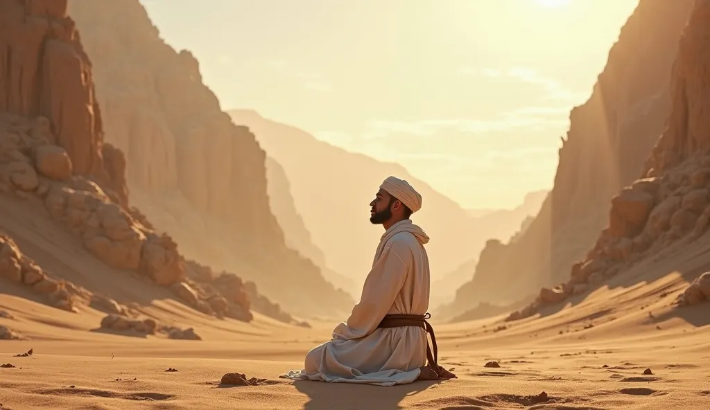 A young man in in long white robe, turban, sandals,  with a leather belt around his loin ,  in the morning in the middle of a desert filled with tall mountains,  He is on his knees 