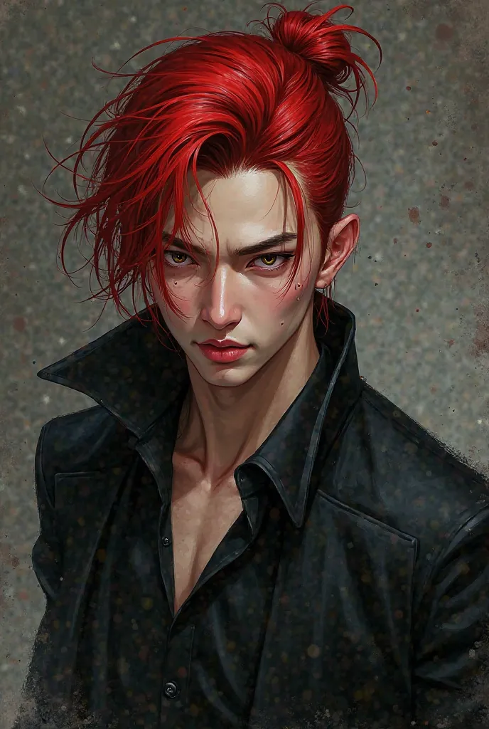 make manga boy asian tall red hair half-tied smiling psychopatic handsome hunter eyes black outfit 