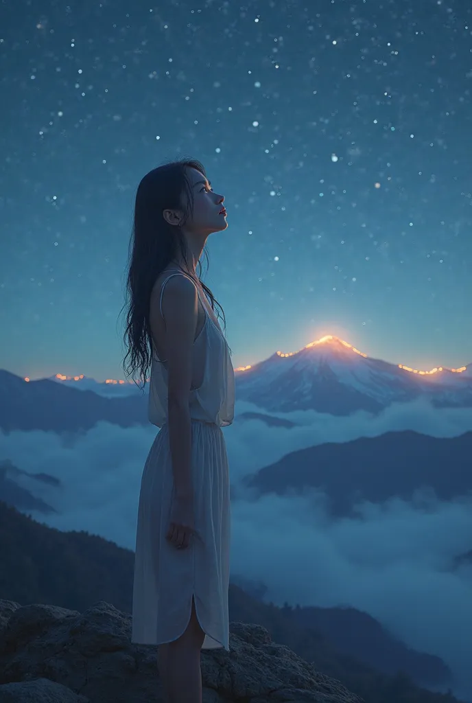 Create a Korean teen on top of a mountain totally naked, She has a wet BCT while looking at the stars 