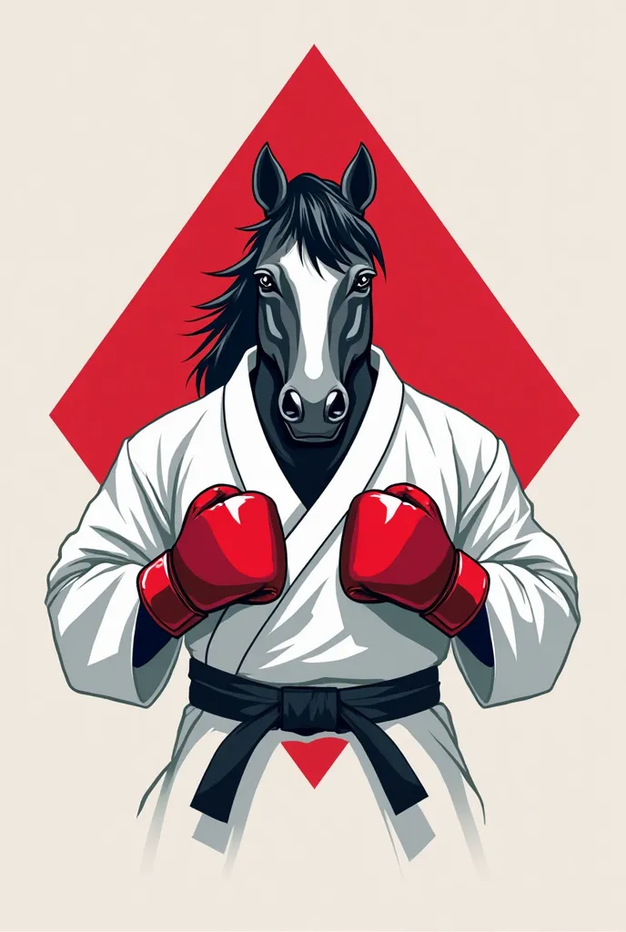 Minimalist logo of a stylized horse head, wearing a white Jiu-Jitsu kimono, a black belt and red boxing gloves.  . The background features a solid red triangle with its base facing down and the tip of the triangle upwards. The logo features the word 'Centa...