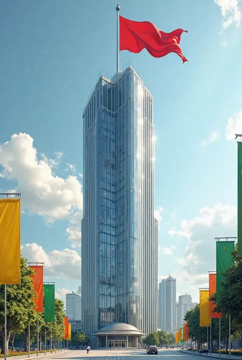 A modern government building with a red flag, yellow and green waving at the top, representing the administration of the State.