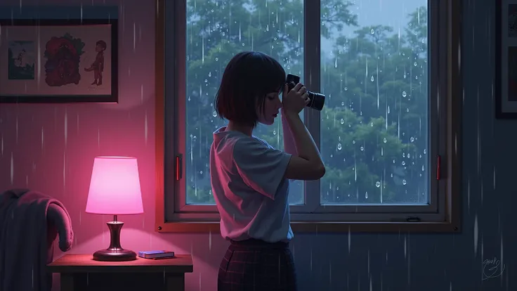 THE CAMERA IS FOR. THE PINK LIGHT NEXT TO THE GUITAR BLINKS. THE CHARACTER STANDS STILL BLINKING HER EYES AND TYPING. THE BODY STANDS STILL. It's raining outside 