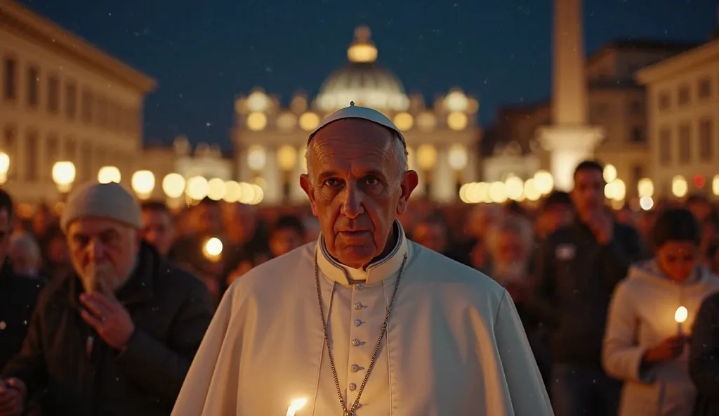 Generate the following image. Background: St. Peter's Square at night, with worshippers holding candles, creating an atmosphere of prayer and tension. Main Image: A serious portrait of Pope Francis, slightly desaturated to highlight the gravity of the situ...