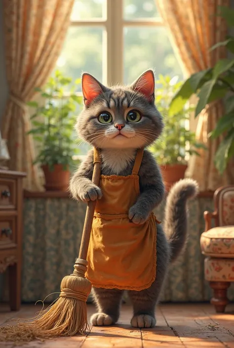 
"A highly detailed and realistic image of an anthropomorphic cat wearing a blue apron, in front of a window with a bush in hand . The environment has cozy furniture, soft curtains and potted plants, creating a warm and domestic atmosphere.  The cat has cu...