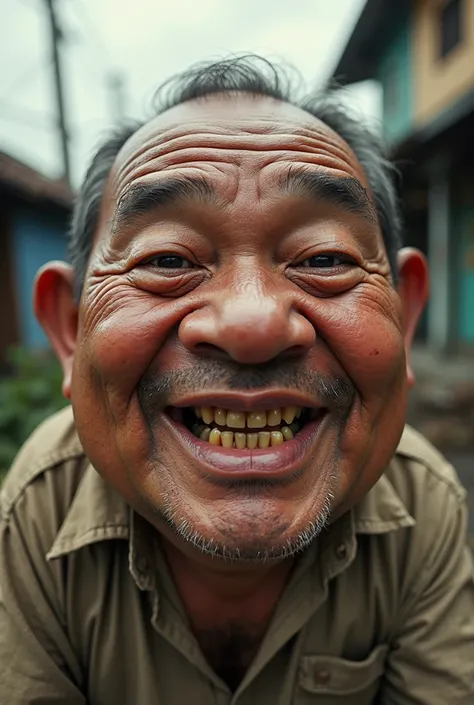  Realistic caricature of big head, An indonesian man , face is dull and squishy,dekil shirt, shows off her gold-plated teeth,shooting angle like fish eye