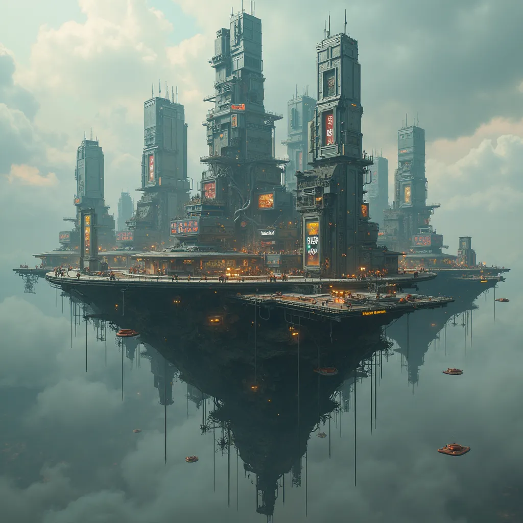 floating small island on it with cyberpunk style buildings intertwined with walls with light commercials with dystopian atmosphere