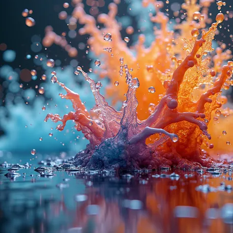 In a mesmerizing display of artistry, vibrant liquid forms and colliding objects dance gracefully against a backdrop of water splash bokeh. This dynamic abstract photograph encapsulates the fluidity and energy of motion, capturing a moment of beautiful cha...