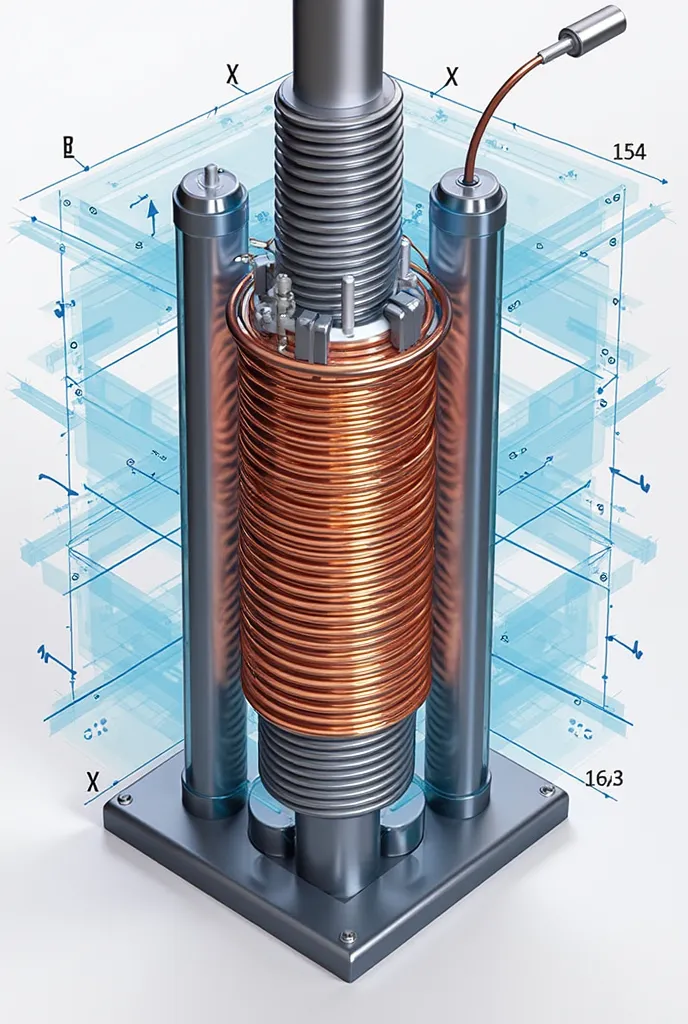 A gradient system of a magnetic resonator in a detailed and technical view. The cylindrical structure of the resonator is shown with the gradient coils arranged inside it. The coils are represented as copper structures wrapped in patterns specific to the X...