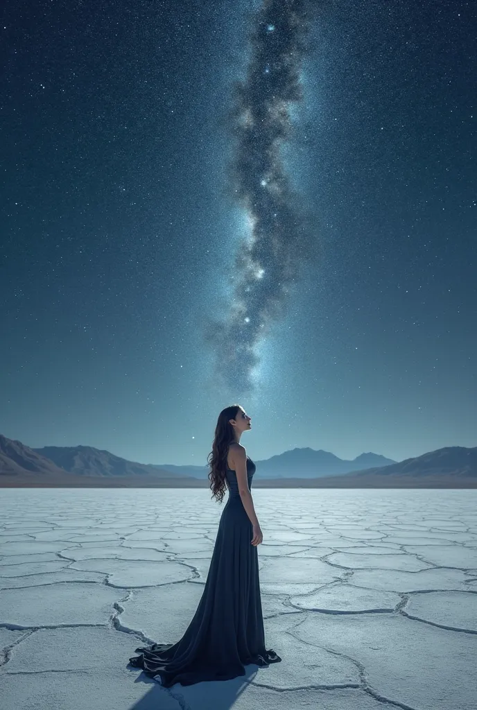 Create an image of a woman in the Salar del Uyuni at night looking at the stars, put the text:
 "Revelation 4:11 Jehovah our God, you deserve to receive glory, honor and power, because you created all things."

A woman dressed formally and elegantly. Or dr...