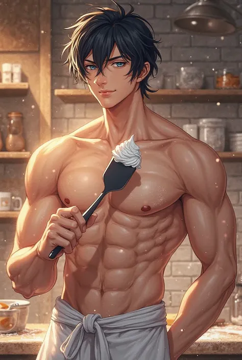  Description :
"An extremely seductive anime-style pastry chef, with blue eyes mesmerizing and a provocative smile. Your hair is slightly messy in a stylish way,  with threads falling over the face . He has a well-defined muscular body, with his skin illum...