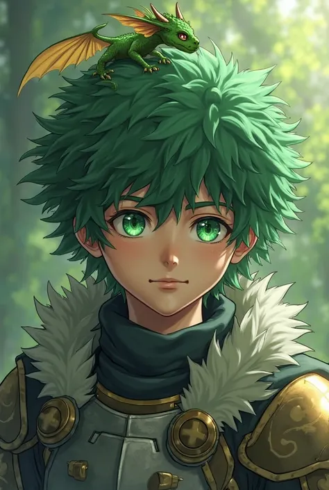 A human knight, big round hair green bush, shimmering green eyes. A small green dragon perched on his head, mystical and heroic atmosphere. Anime Style. 