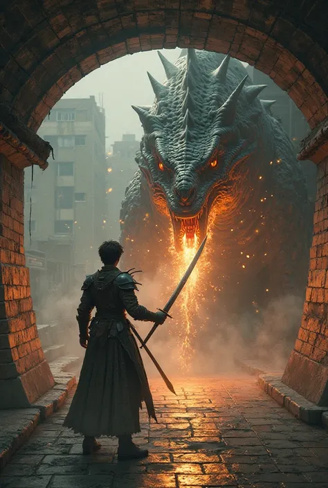 Do a young warrior and a dragon fighting to the death in a subway 